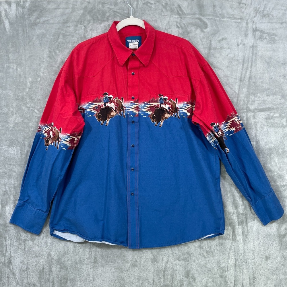 VTG 90's Wrangler Western Shirt XL Pearl Snap Rodeo Bull Rider Cowboy Blue Red‎